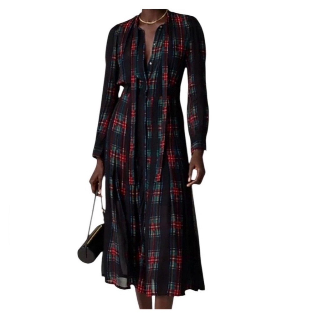 J. Crew Tie Neck Dress in Stewart Tartan Viscose Chiffon NWT Size Large $268